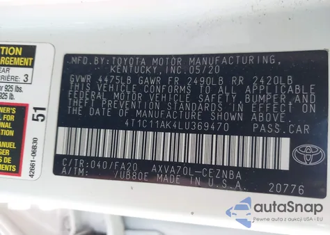 2020 Toyota Camry Le z USA, uszkodzony, nr VIN 4T1C11AK4LU369470